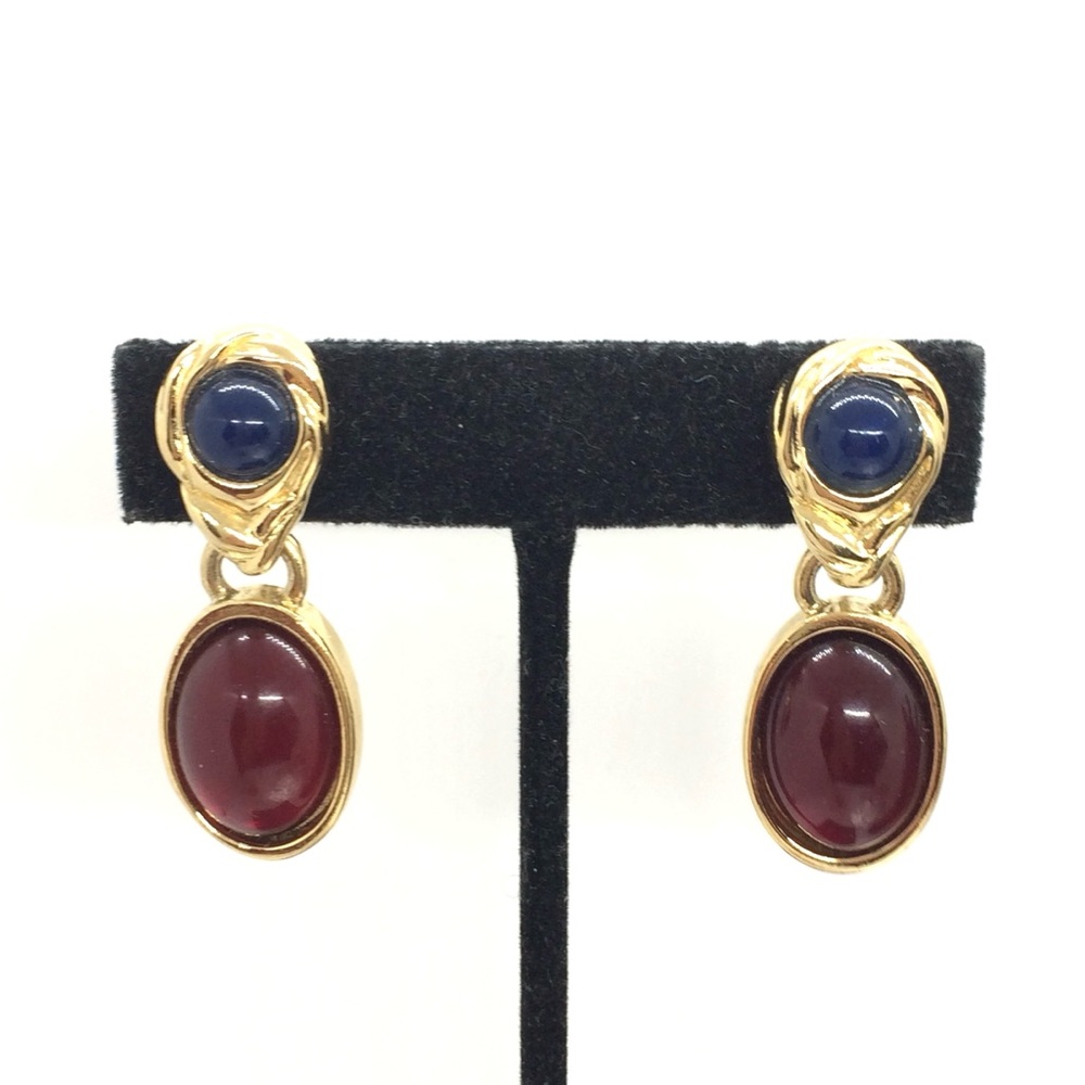 VINTAGE 80s 90s MOGUL MOBWIFE RED BLUE CABOCHON DROP EARRINGS CLIP-ON GOLD